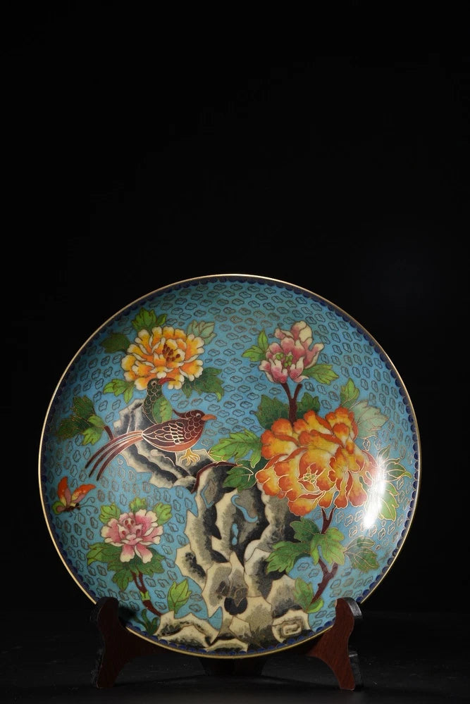 Cloisonné enamel round plate with peonies, magpie, and rock motif on stand