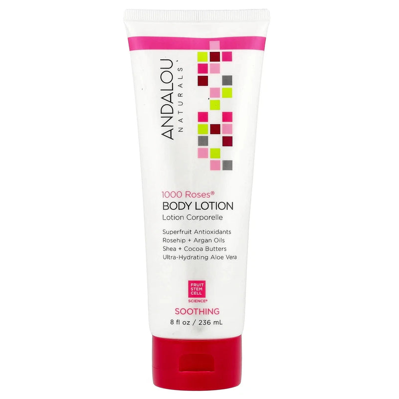 Andalou Naturals 1000 Roses soothing body lotion tube, red cap, 8 fl oz