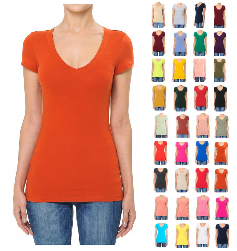 Women’s fitted V-neck cotton T-shirt, orange short sleeves