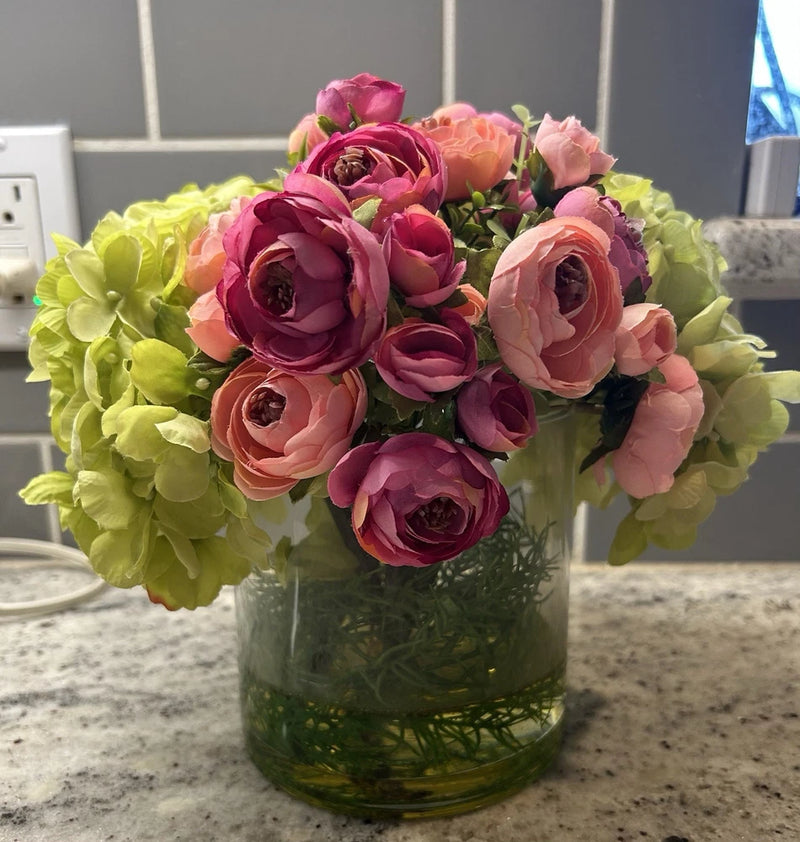 Silk Pink Ranunculus and Hydrangea Floral Arrangement in Clear Glass Vase Hydrangea