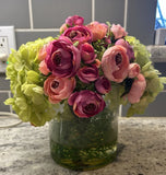 Silk Pink Ranunculus and Hydrangea Floral Arrangement in Clear Glass Vase Hydrangea