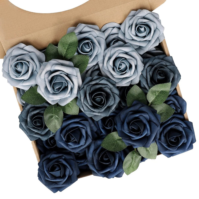 Artificial dusty blue rose bouquet centerpiece, with dark navy faux roses and green leaves