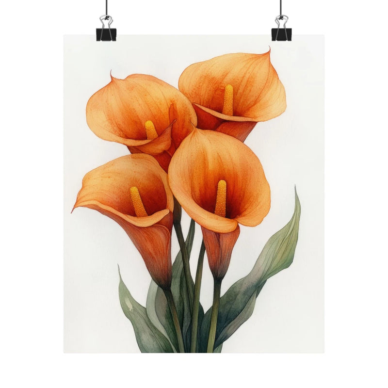 Orange calla lily flower art print poster with four blooms and green stems
