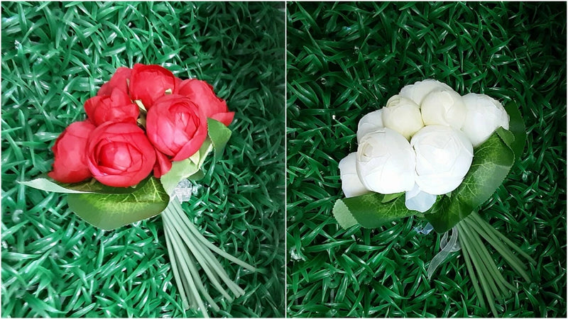 Artificial peony flower bouquet with red and white blooms and green leaves