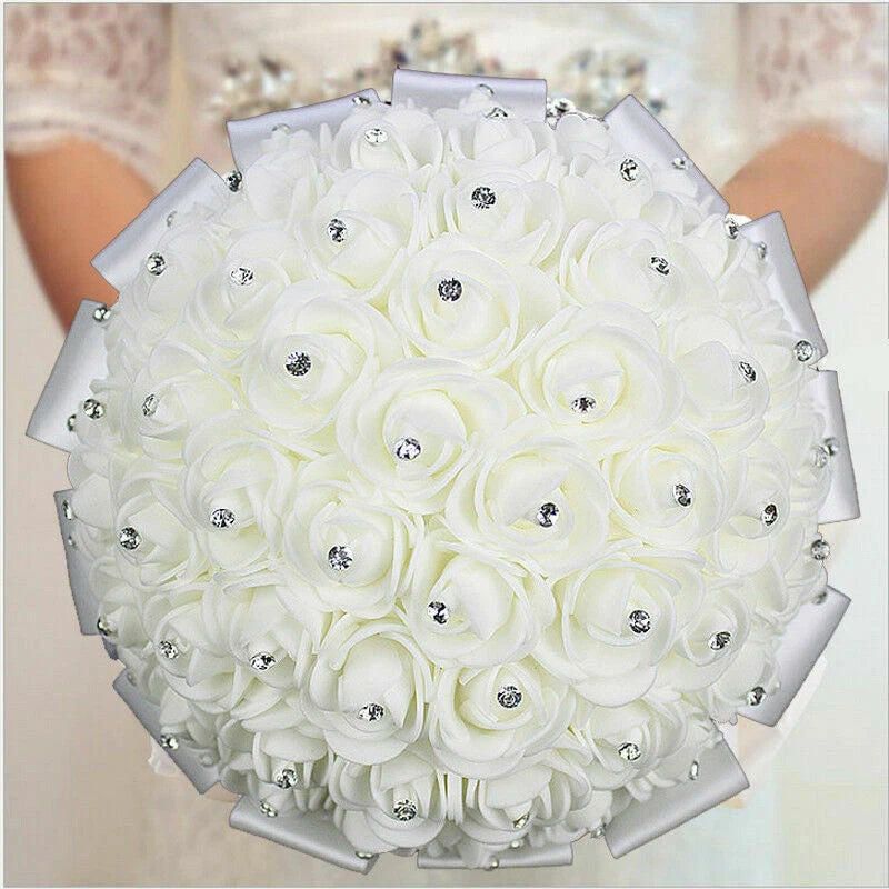 Bride Bouquet Bridal Rose Foam Flower Wedding White Satin Crystal Romantic Decor Bouquet