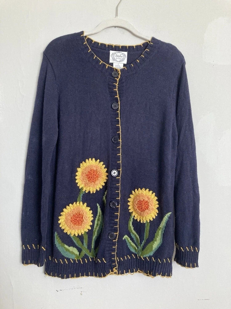 Navy ramie-cotton cardigan with sunflower applique and contrast yellow button placket