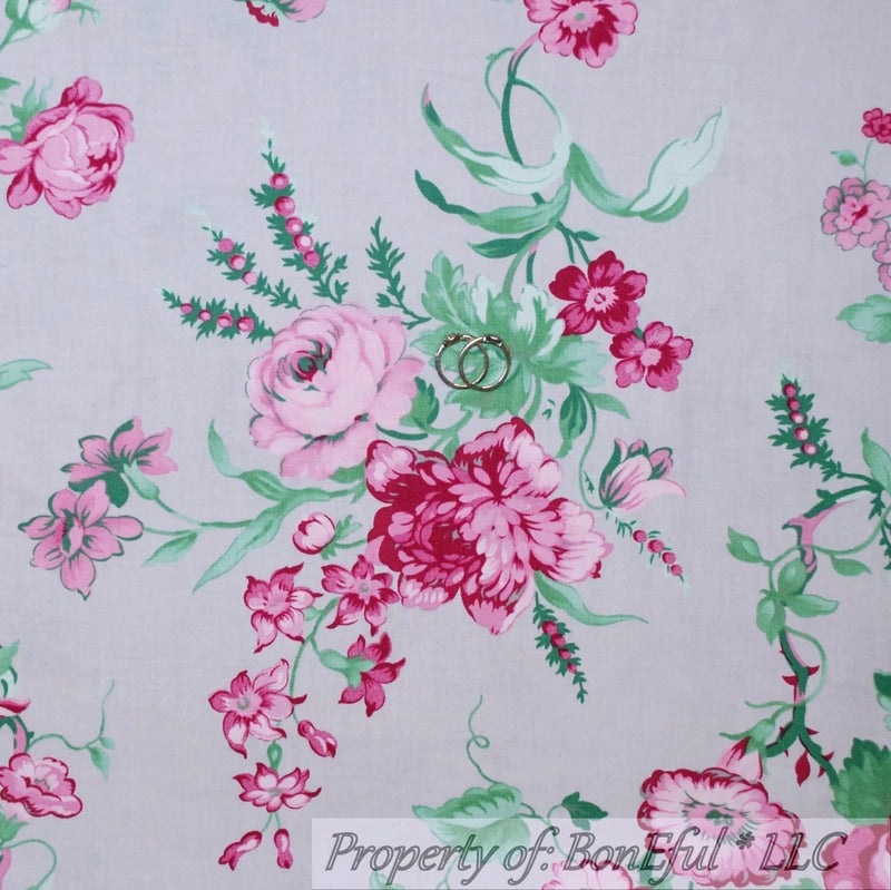 BonEful FABRIC FQ Cotton Quilt Gray Pink White Flower Green Leaf Garden Cottage Flowering Plants