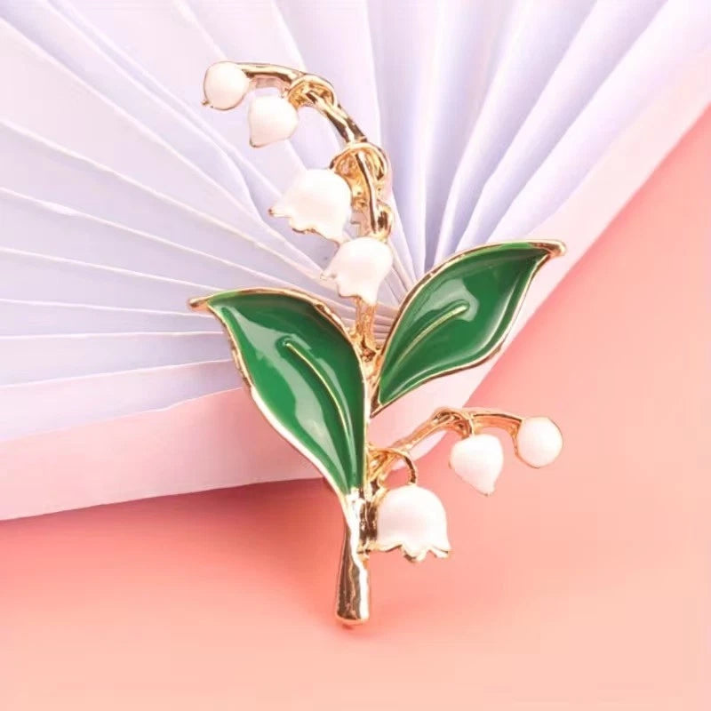 Lily of the Valley Brooch - Pure White Petals with Green Leaves & Edge for Women Lily