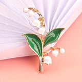 Lily of the Valley Brooch - Pure White Petals with Green Leaves & Edge for Women Lily