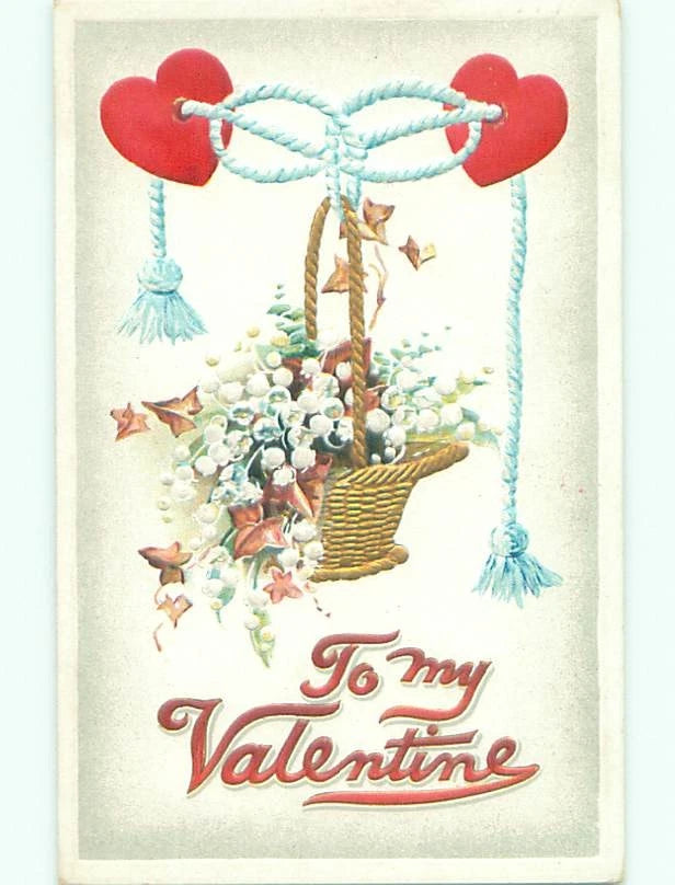 Valentine greeting card showing heart balloons, hanging flower basket, and 'To my Valentine'.