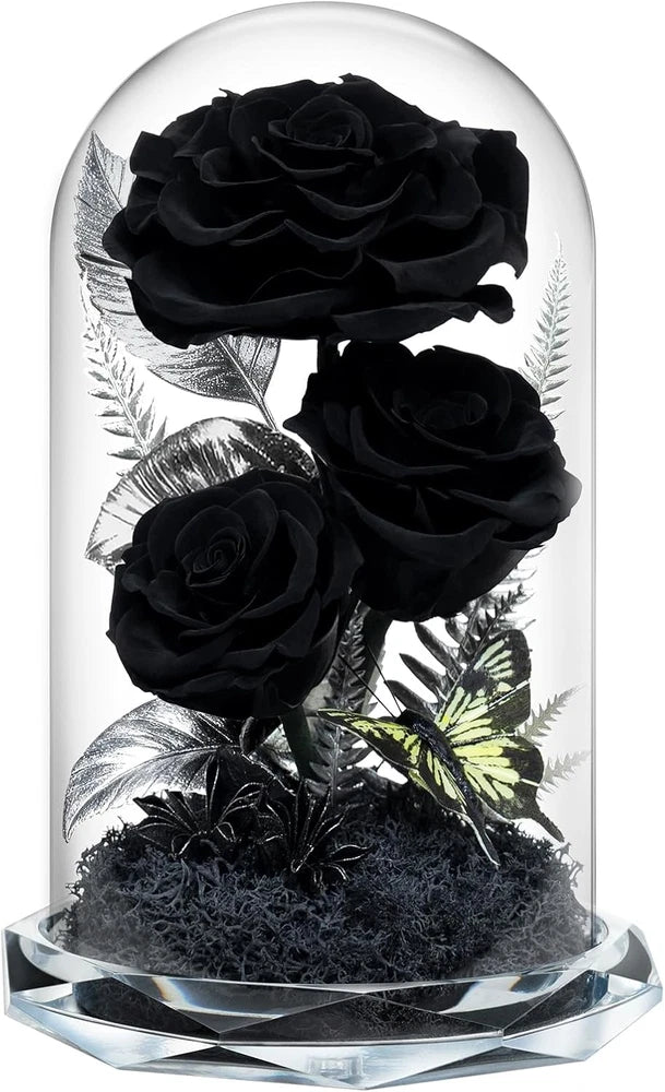 Glass dome with dark preserved roses bouquet and green butterfly detail on base