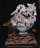 20" Chinese Natural Pink Xiu Jade Carving Peony Flower Bird Sculpture Peony
