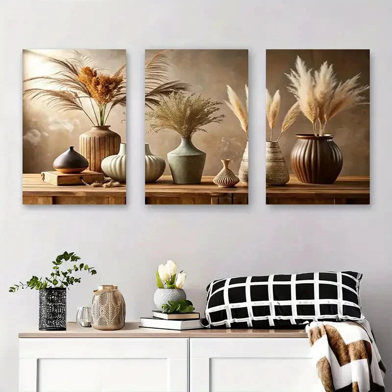 3pcs Vintage Vase and Pampas Grass Metal Print  Ready to Hang Art Pampas Grass