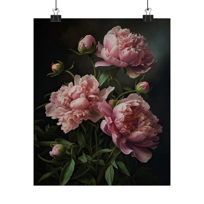 Pink peony flowers poster with clustered blossoms and buds