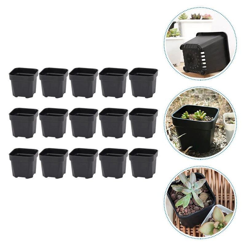 Set of 15 small black plastic nursery plant pots, square shape