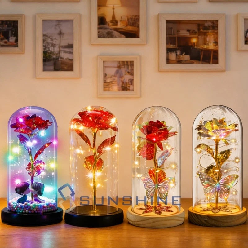 LED light-up rose in clear dome, four styles with glowing multicolor lights