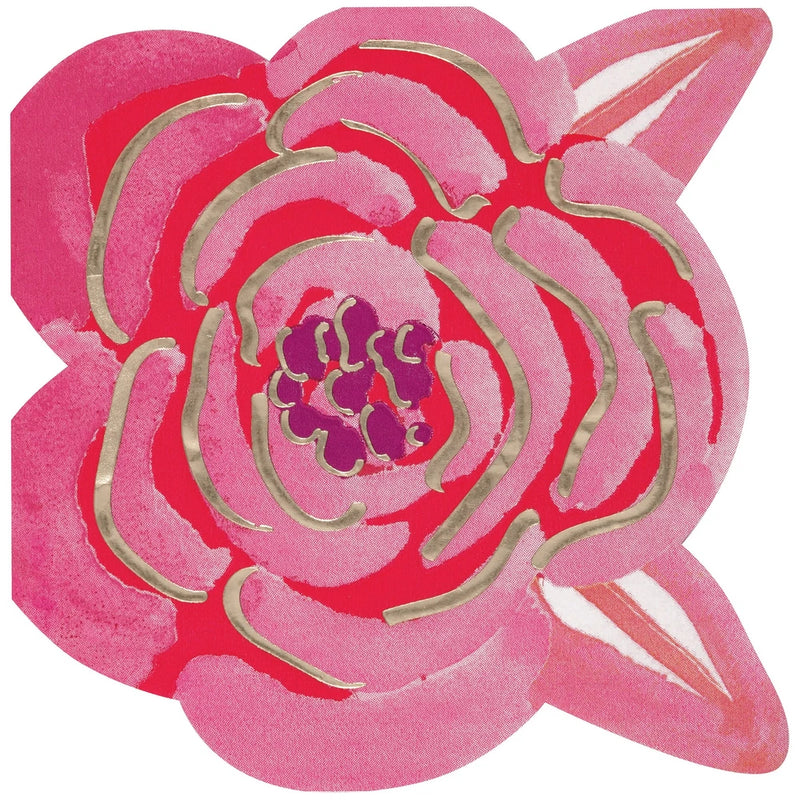 Rose-shaped party napkin in pink with gold foil edges, single piece
