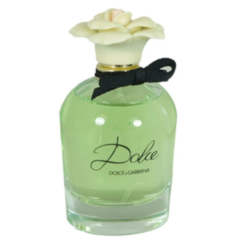 Dolce EDP spray tester bottle with green glass, gold cap, black ribbon bow and rose