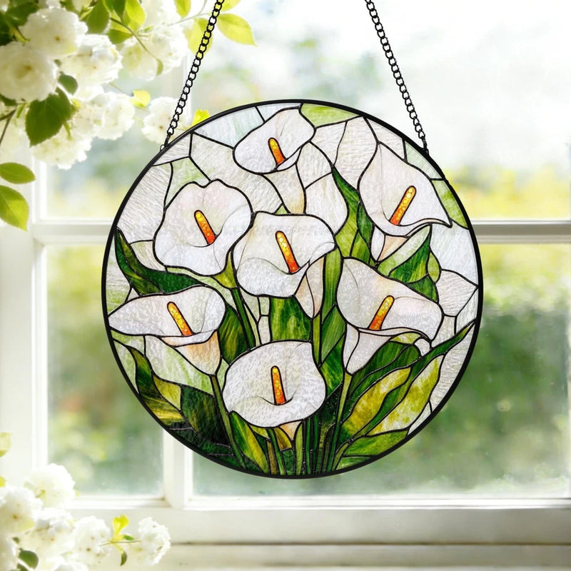Round stained glass calla lily window hanging with chain, white blooms and green leaves