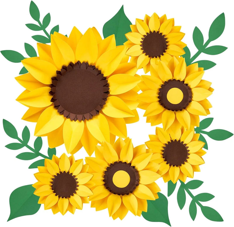 Sunflower paper flower wall decor set with yellow blooms and green leaf cutouts