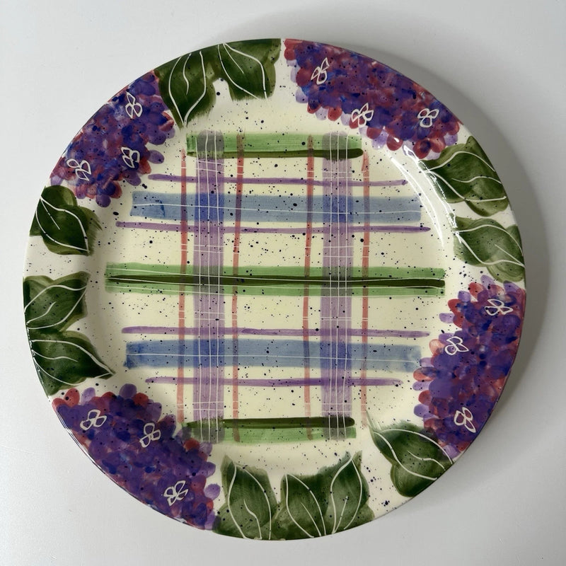 Julie Ueland Hydrangeas by Enesco 10" Dinner Plate Floral Purple Plaid Disc. #4 Hydrangea