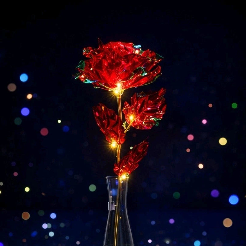 Red LED light-up rose stem bouquet in clear vase, glowing bulbs and shiny petals