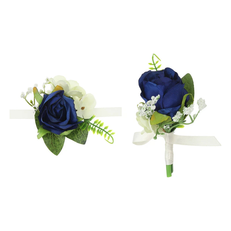 2 Pcs Artificial Rose Wrist Corsage and Boutonnieres Set Wedding Dark Blue Bouquet