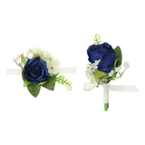 2 Pcs Artificial Rose Wrist Corsage and Boutonnieres Set Wedding Dark Blue Bouquet
