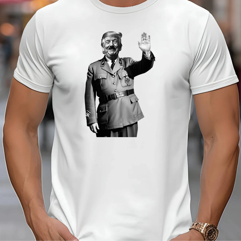 White crewneck graphic political t-shirt with monochrome portrait waving at front