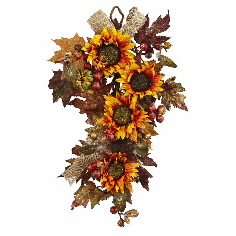 Artificial silk sunflower and berry fall floral wall wreath with autumn leaves