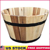 Round Wood Barrel Planter Garden Container Acacia Durable W/ Drainage Holes New Garden Plants