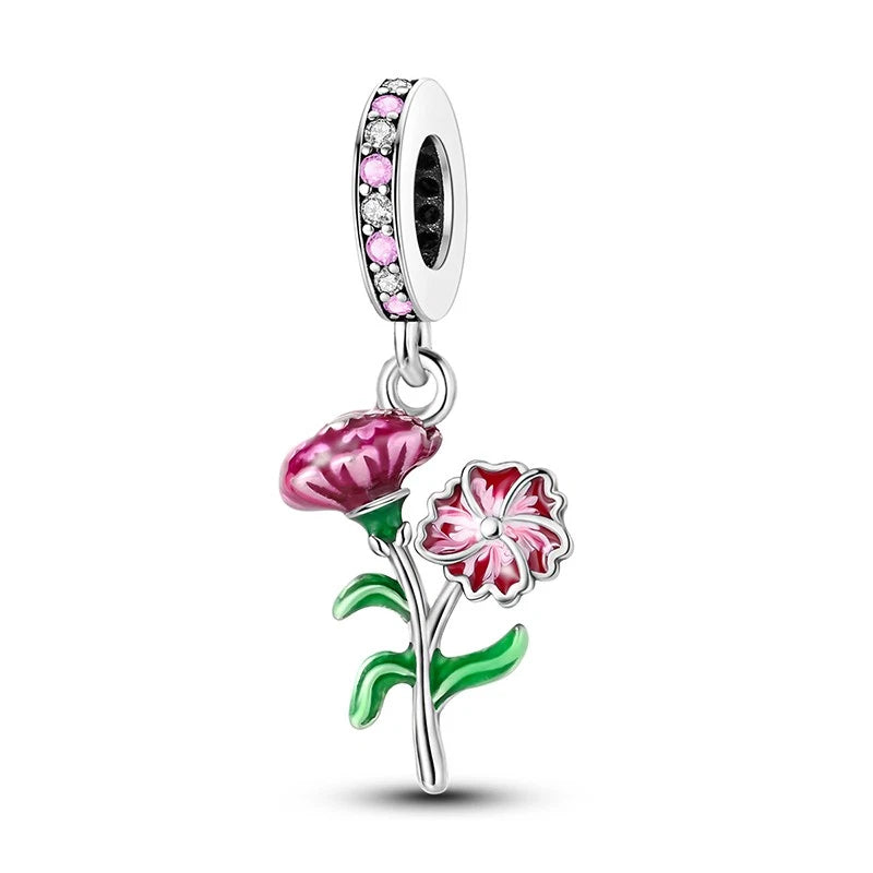 MULA European Fine 925 Silver Charm Pink CZ Enamel Carnation For Women Bracelet Carnation