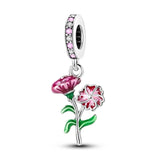MULA European Fine 925 Silver Charm Pink CZ Enamel Carnation For Women Bracelet Carnation