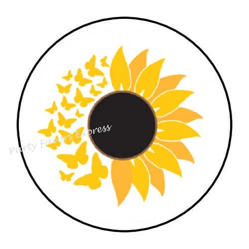 Round sunflower envelope seal sticker with yellow petals, black center, and butterfly accents