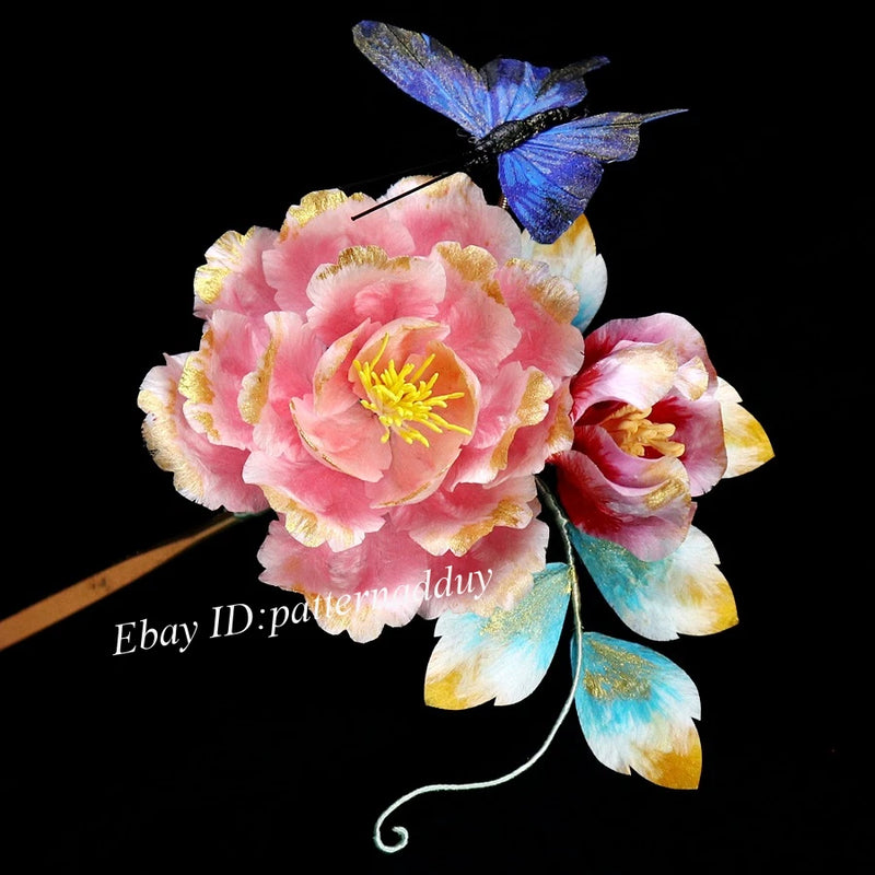 Silk velvet peony flower hairpin with butterfly accents, pink and blue floral design