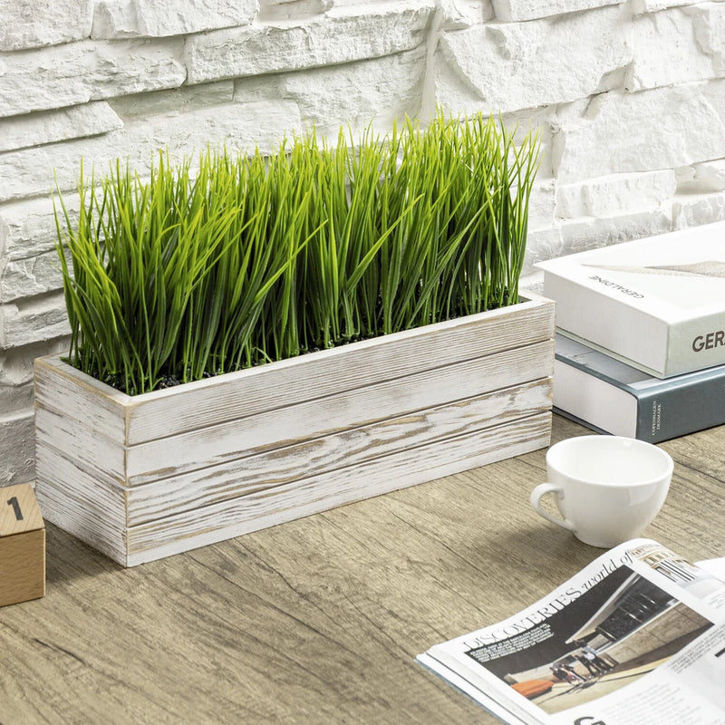 Artificial green grass planter box in shabby white washed wood