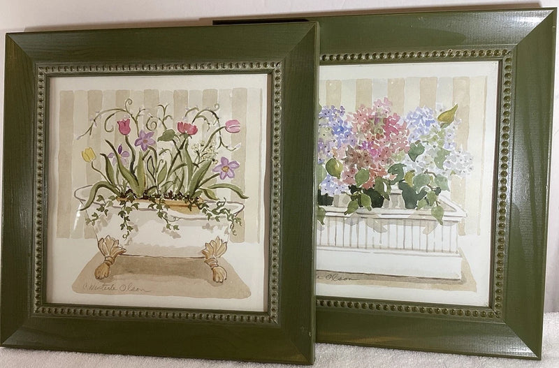 Framed Painting C Winterle Olson Hydrangea Flower Planter & Claw Tub 12x12 Green Hydrangea