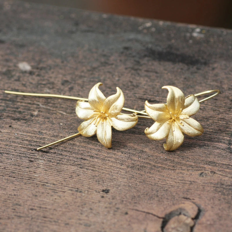 Large Gold Lily Flower Earrings Sterling Silver 925 , 30th anniversary flower Lily