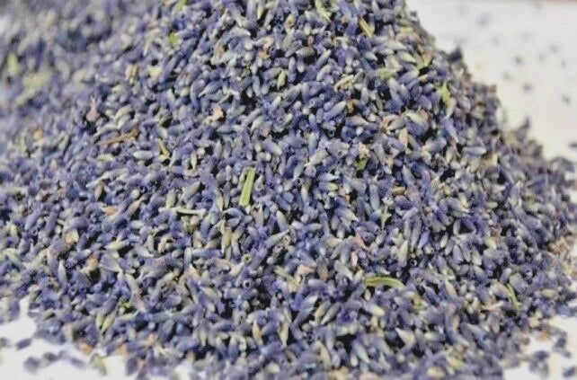 Dried lavender flower buds, loose purple blossoms