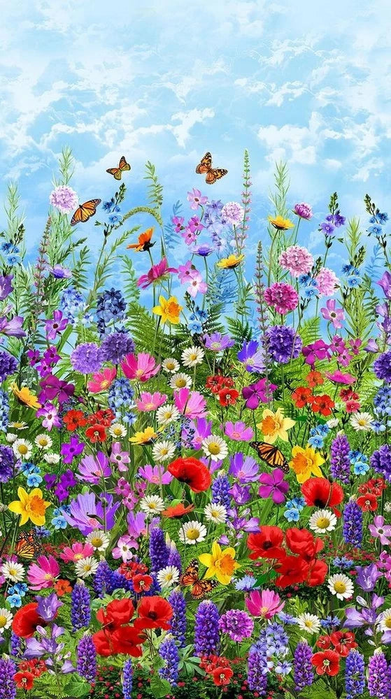 24" X 44" Panel Wild Floral Wildflowers Butterflies Field Cotton Fabric D584.66 Flowering Plants