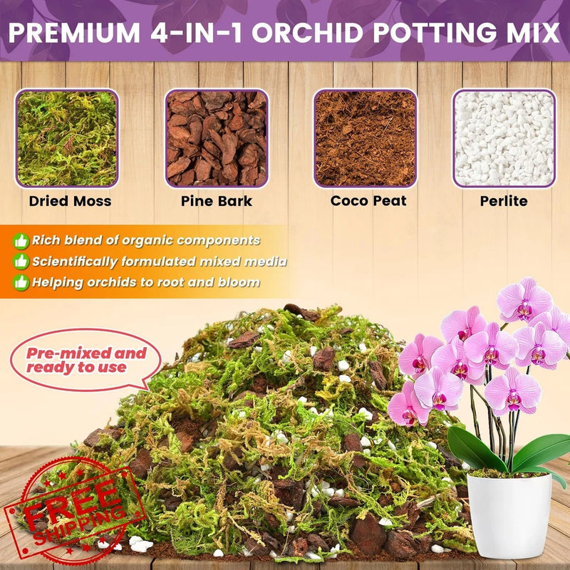 Orchid potting mix soil blend with dried moss, pine bark, coco peat, perlite in a package