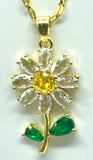 Necklace Gold Tone 16" w/2" ext Yellow Crystal Sunflower on Green Leaves Sunflower