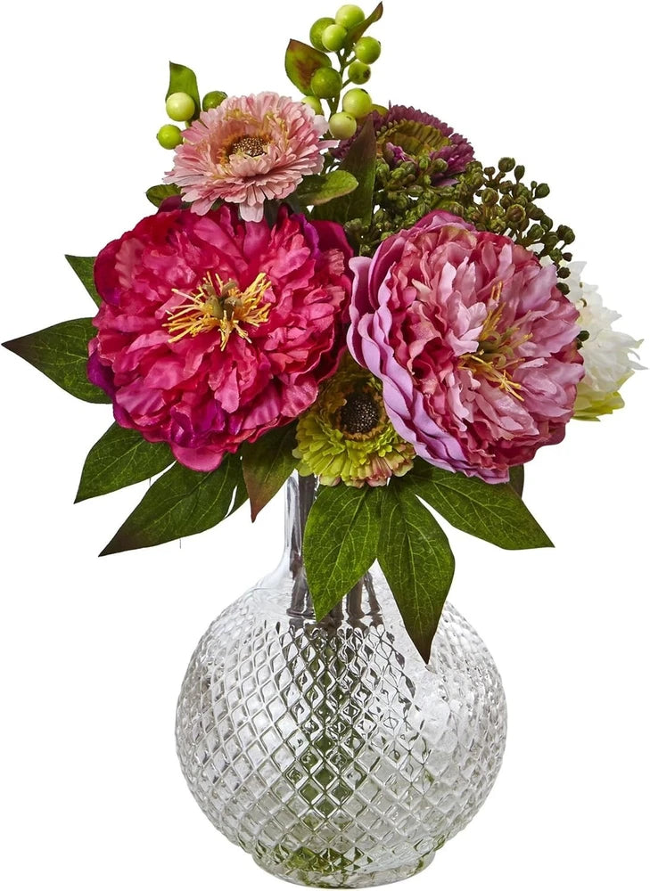 Nearly Natural Artificial Peony & Mum Floral Arrangement Peony