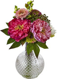 Nearly Natural Artificial Peony & Mum Floral Arrangement Peony
