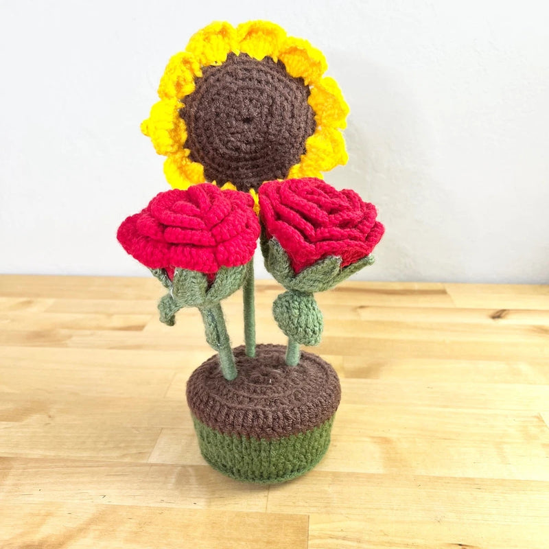 Handmade Crochet Sunflower and Red Roses Potted Plant Decor Floral Cottagecore Sunflower