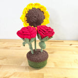 Handmade Crochet Sunflower and Red Roses Potted Plant Decor Floral Cottagecore Sunflower