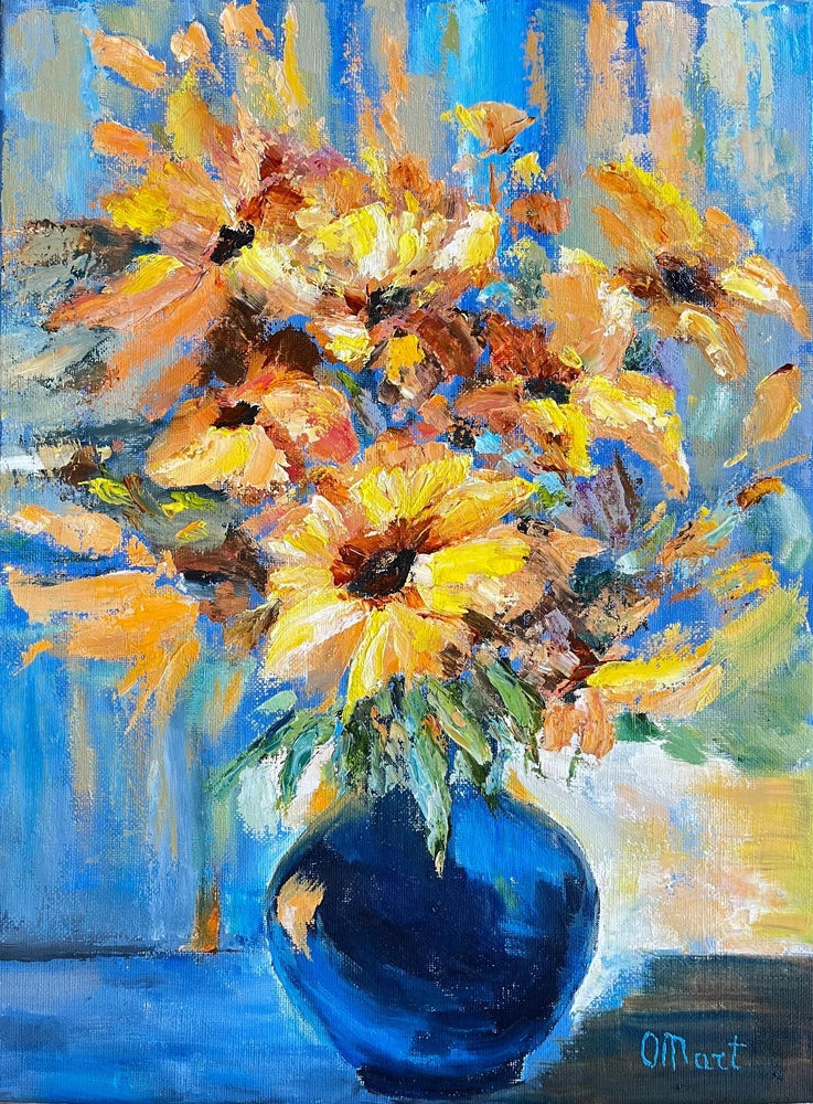 Abstract sunflower painting with blue vase, textured oil acrylic flowers on blue background