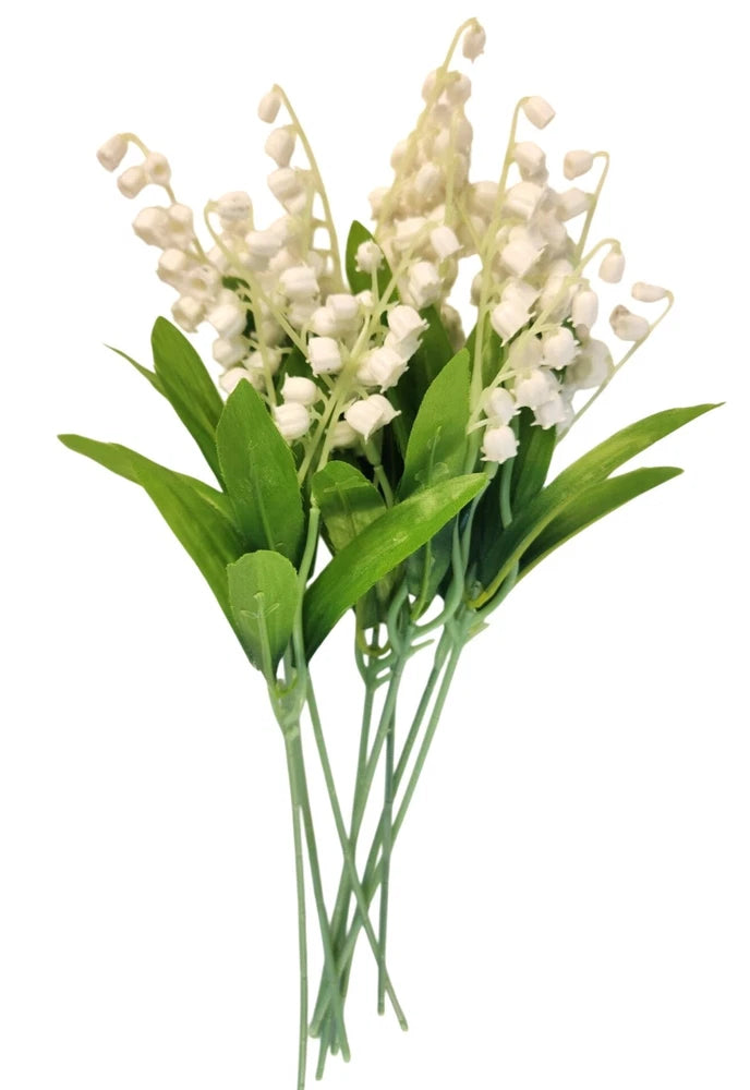 Faux lily of the valley flower bunch with white bell blooms and green leaves