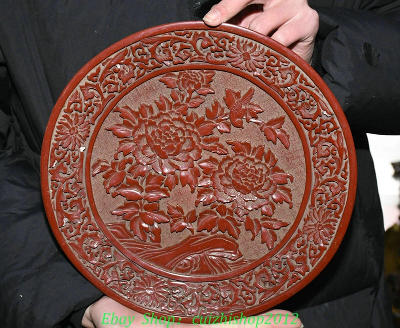 Round red lacquer peony pen wash tray with carved floral border and peony relief