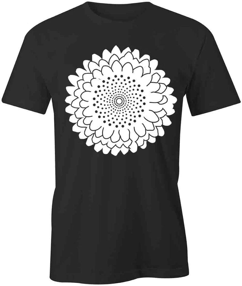 Black short-sleeve cotton T-shirt with large white flower graphic on the front